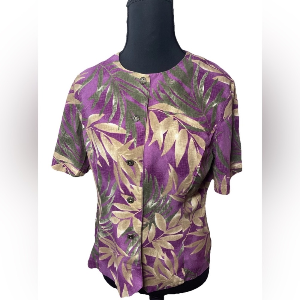 Alfred Dunner Purple and Green Leaf Print Button Down Shirt